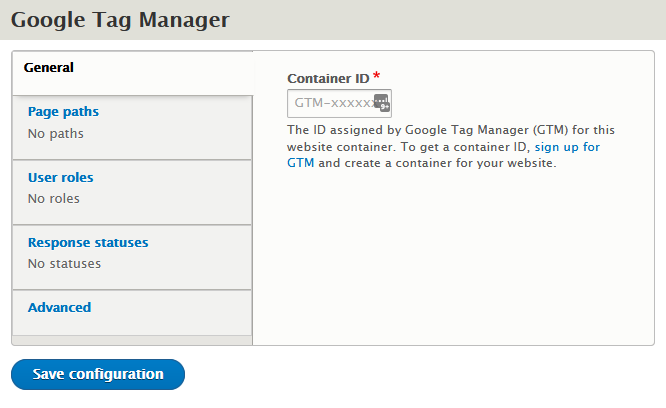 Screenshot of the General tab of the Google Tag Manager configuration screen