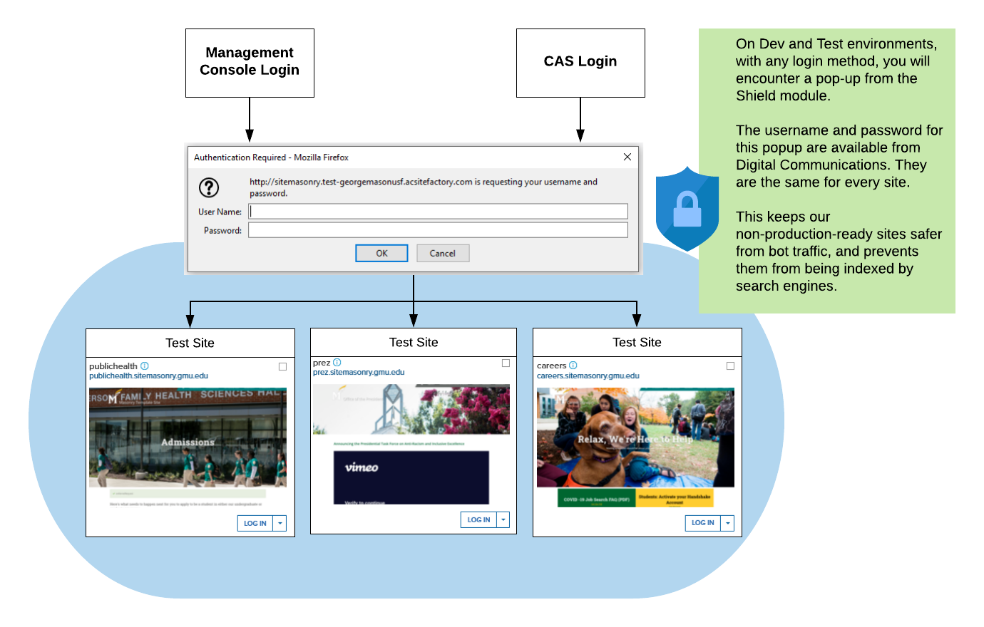 Overview of the Shield module used on dev and test environments. Transcript text is above the image.