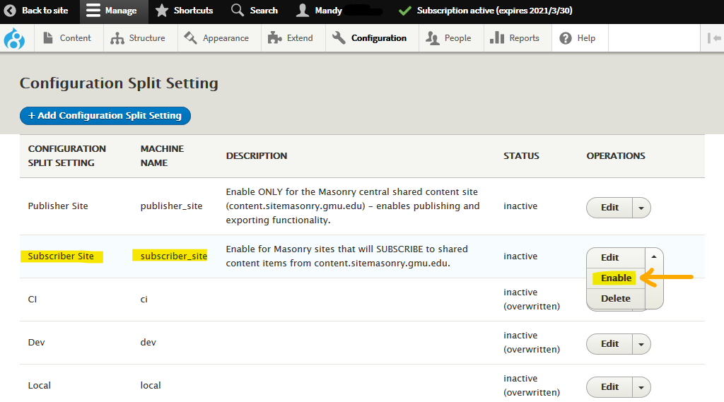 screenshot of config split admin screen