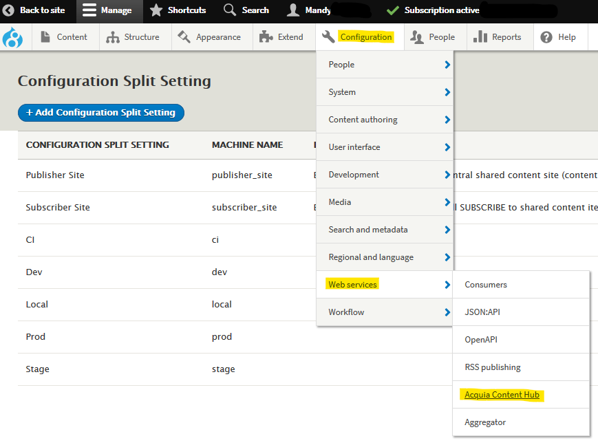 screenshot showing menu location of config split options