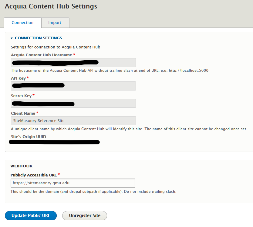 screenshot of content hub connection settings page