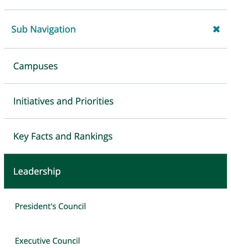 screenshot of a sub navigation menu on mobile expanded