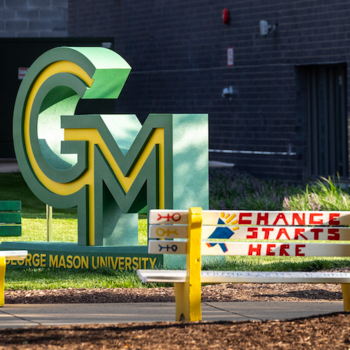 A scuplture of the George Mason logo displayed on campus