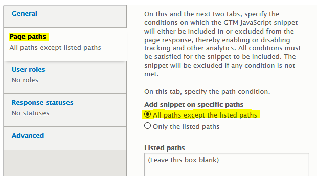 Screenshot of the Page paths tab of the Google Tag Manager configuration screen