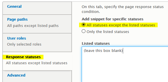 Screenshot of the Response Statuses tab of the Google Tag Manager configuration screen