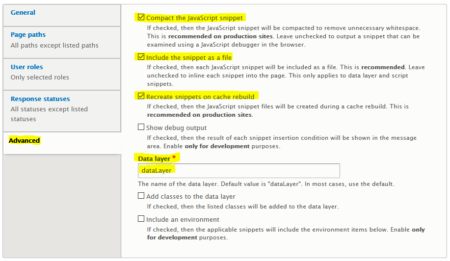 Screenshot of the Advanced tab of the Google Tag Manager configuration screen