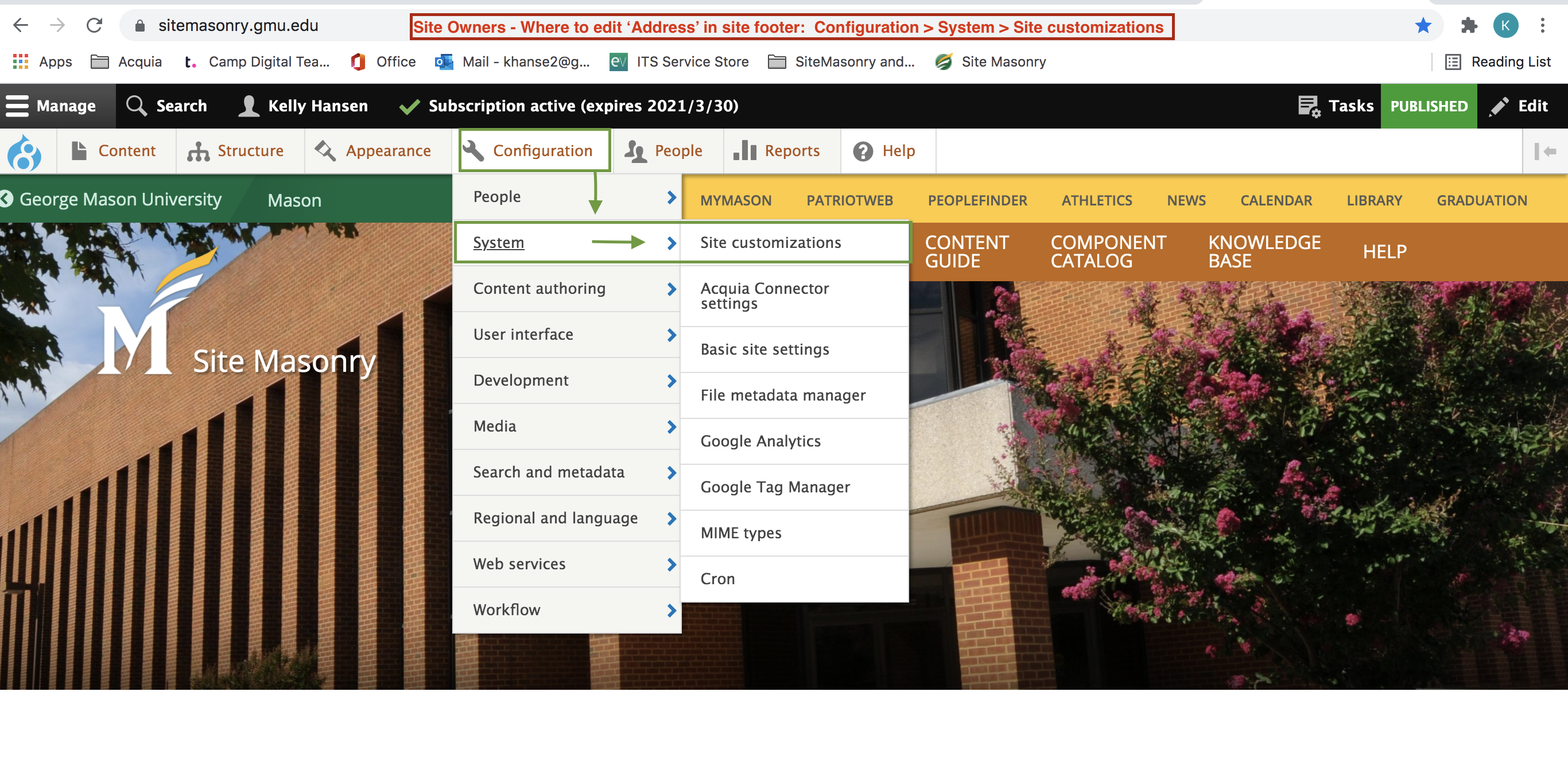 Screen shot of the Site Masonry Site Customizations Screen