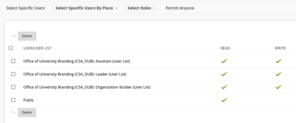 This screenshot shows the page for permissions on a file in Blackboard. There are four different user types shown, three of which are internal and show with Read and Write abilities checked. The final one is Public, which only has Read checked.
