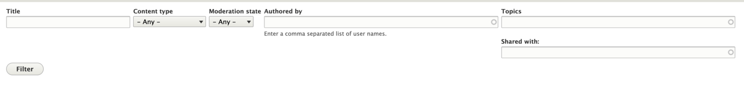 A screenshot of the Content Hub search interface. A text box is labeled Title. There are dropdowns for content type and moderation state. Search fields for authored by, topics, and shared with all indicate that they will auto-complete with a name or tag in the system already.
