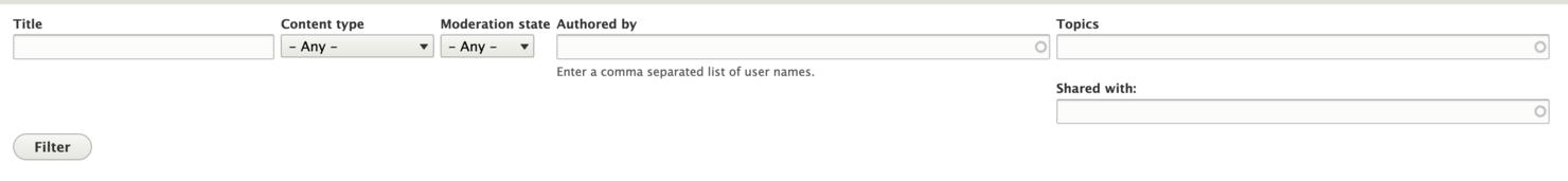 A screenshot of the Content Hub search interface. A text box is labeled Title. There are dropdowns for content type and moderation state. Search fields for authored by, topics, and shared with all indicate that they will auto-complete with a name or tag in the system already. 