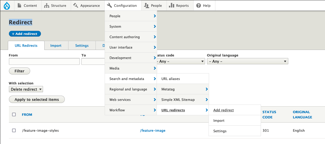 A screenshot of the user interface of the back end of Site Masonry. The configuration dropdown is expanded to show where URL aliases is placed.