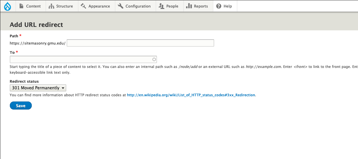 Screenshot of the URL Redirect addition screen, where there are fields for "from" url, "to" url, and the redirect status code.