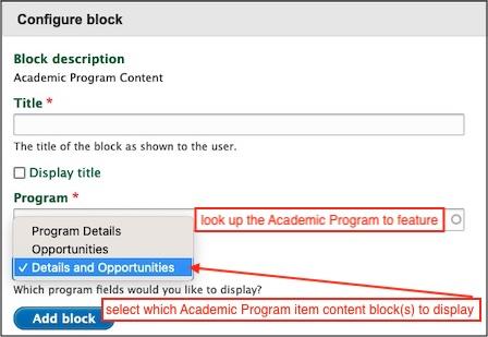 Instructions on how to configure an Academic Program Content block