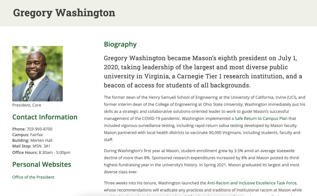 An example of a profile page, in this case showcasing the profile of President Gregory Washington. The image is to show layout, not so much content.