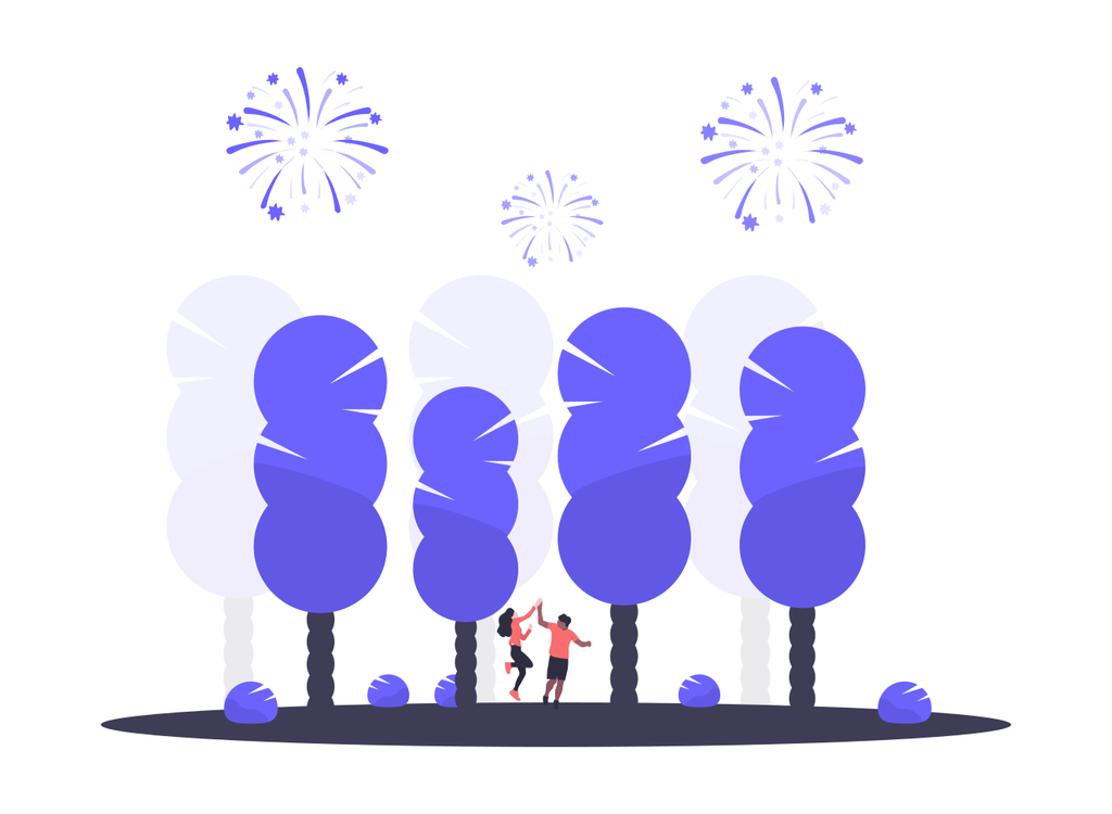 A digital illustration of two people celebrating amidst trees as fireworks burst overhead.