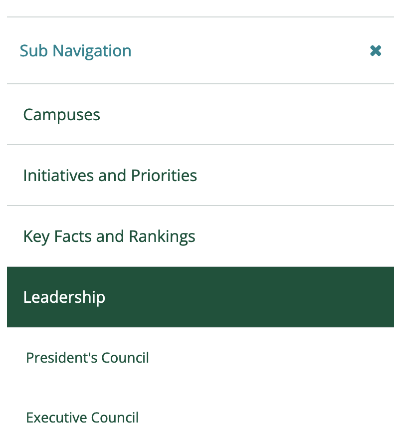 screenshot of a sub navigation menu on mobile expanded