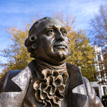 The head of the statue of George Mason located on the Fairfax campus.