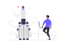 Graphic of a person getting ready to launch a rocket ship with the push of a button.