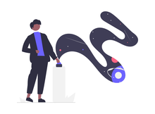 A figure pushes a button that is eminating a wavy cloud of what looks to be like outer space.