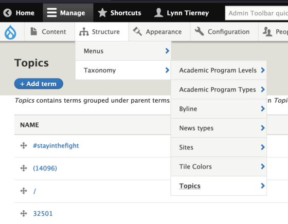 Screenshot of the topics list page and navigation to get there.