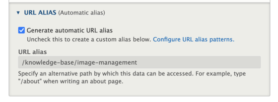 A screenshot of the URL Alias screen, that reads "URL Alias (Automatic alias) [Checkbox] Generate automatic URL alias. Unscheck this to create a custom alias below. Configure URL alias patterns. [Space] URL Alias: Specify an alternative path by which this data can be accessed. For example, type "/about" when writing an about page."