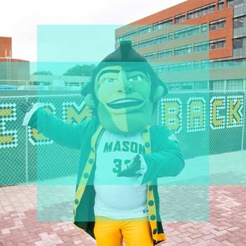 Illustration of the safe areas of a photo. A photo of the Mason patriot mascot gesturing to a Welcome Back sign. There is a cover overlay describing the safe areas of the photo unlikely to be cropped by social media platforms