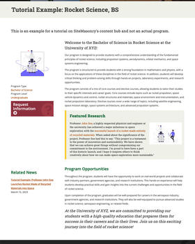 A screenshot of an example academic program page for a hypothetical rocket science program.