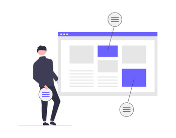 Decorative drawing of a man standing beside a wireframed website with specific elements highlighted.